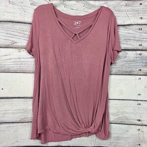 Maurices 24/7 V Neck Knot Top Mauve Short Sleeve L